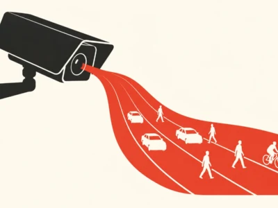 Security camera shooting a red stream over silhouettes of pedestrians, cars, and a cyclist, symbolizing surveillance