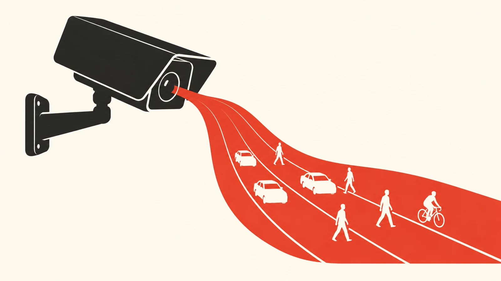 Kamera z czerwonym polem obserwacji pełnym sylwetek - Promptowy Security camera shooting a red stream over silhouettes of pedestrians, cars, and a cyclist, symbolizing surveillance