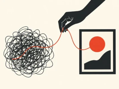 Dłoń wyciągająca czerwoną nić ze splątanego kłębka - Promptowy Abstract illustration of a dark hand pulling a red thread from a tangled black mass toward a framed image of a red sun over a black hill.