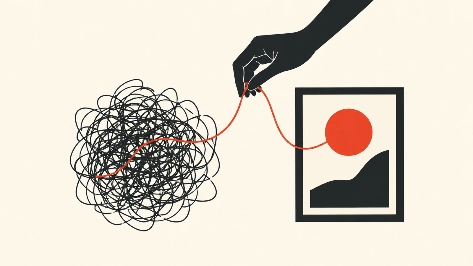 Abstract illustration of a dark hand pulling a red thread from a tangled black mass toward a framed image of a red sun over a black hill.