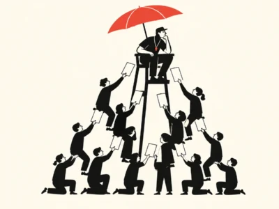 Grupa osób podtrzymująca drabinę z postacią pod parasolem - Promptowy Team members form a human pyramid to lift a leader seated on a chair under a red umbrella, symbolizing support and protection by the group.