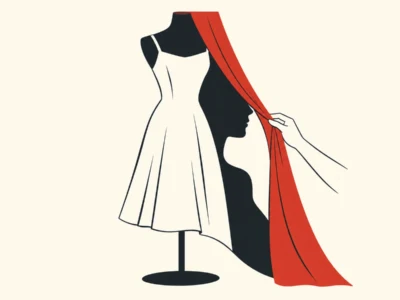 Fashion illustration of a white sleeveless dress on a mannequin, with a bold red cape being pulled aside by a hand.