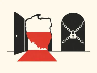 Otwarte drzwi z konturem Polski i zamknięta sylwetka - Promptowy Otwarte drzwi z konturem Polski i zamknięta sylwetka