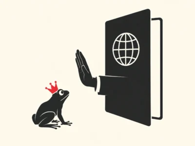 Paszport zatrzymujący żabę w koronie - Promptowy A black frog with a red crown sits on the ground, looking at a large open door with a globe symbol and a raised hand signaling stop between them.