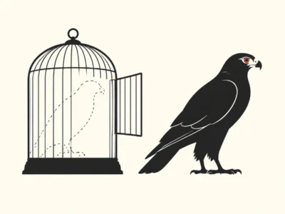 Black bird standing beside an open birdcage, with a dashed line showing it flew away.