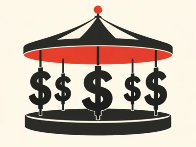 Ilustracja redakcyjna Karuzela miliardów Czy przemysł AI kiedykolwiek się spłaci - Promptowy Illustration of a money carousel: black hoops with hanging dollar signs on a red top, symbolizing financial movement or wealth rotation.