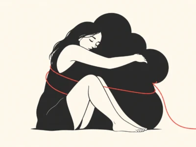Ilustracja redakcyjna Terapeuta przyjaciel kochanek z chmury Co AI robi z naszą samotnością - Promptowy Silhouetted woman sits and hugs a large black cloud, a red string wrapped around her torso and trailing off to the right.