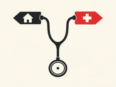 Ilustracja redakcyjna Doktor ChatGPT przyjmuje Czy maszyna powinna decydować kiedy jechać na ostry dyżur - Promptowy Stethoscope with two arrow-shaped tags: left tag shows a house icon, right tag shows a white medical cross on red background.