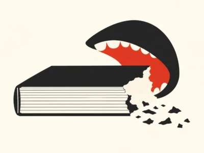 Ilustracja redakcyjna Co AI zjadło żeby się nauczyć Wojna o dane na których wytrenowano maszyny - Promptowy Abstract illustration of a large black mouth biting a book, red interior exposing pages that spill out.
