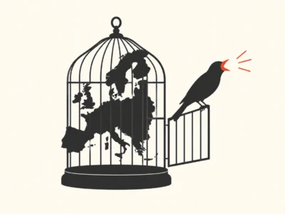 Ilustracja redakcyjna Made in Nvidia Dlaczego europejska AI wciąż mówi po amerykańsku - Promptowy Bird perched at an open cage door with a world map silhouette inside the cage.