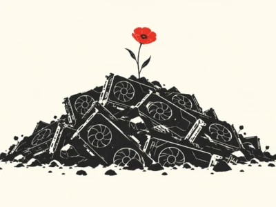 Ilustracja redakcyjna Cmentarzysko kart graficznych Ukryty koszt AI o którym się nie mówi - Promptowy Pile of graphic cards stacked into a mound with a single red poppy blooming from the peak.