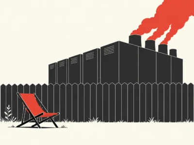 Ilustracja redakcyjna Za płotem rośnie fabryka AI Bunt mieszkańców przeciw centrom danych - Promptowy Red camping chair in a yard in front of a tall black fence, with a large factory and red smoke looming behind it.