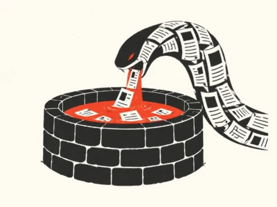 Ilustracja redakcyjna Internet zjedzony przez AI Jak maszyny zatruwają studnię z której piły - Promptowy Paper-snake formed from documents pours red liquid into a circular brick well, a symbolic image of information draining away.