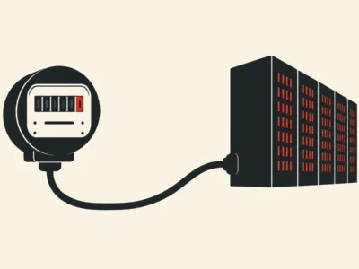 Ilustracja redakcyjna Kto zapłaci za prąd dla maszyn Rachunek za AI trafia do twojego licznika - Promptowy Illustration of a power plug connected to a row of server racks, symbolizing data center power supply.