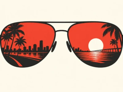 Sunglasses with orange-red lenses reflecting palm trees, a city skyline, and a bridge at sunset across water
