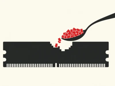 Black RAM memory module with white notch, red sugar-like cubes tumbling into its center from a spoon (concept illustration).