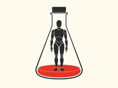 Sylwetka robota wewnątrz laboratoryjnej kolby - Promptowy Sylwetka robota wewnątrz laboratoryjnej kolby