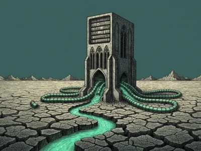 Surreal stone tower with green tubes pouring a glowing river into a cracked desert landscape.