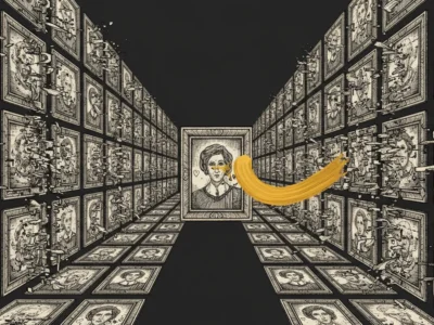 Long hallway lined with identical framed portraits on both walls and floor, with a yellow brush stroke highlighting a central portrait at the end.