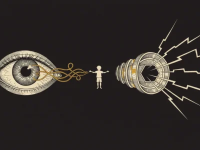 Abstract illustration of a large eye connected by golden tendrils to a small person, with a gear-like explosion on the right.