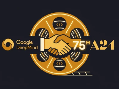 Gold circular DeepMind branding with two hands shaking, code symbols, and the milestone text '75M A24'-emphasizing collaboration.