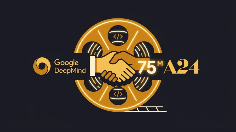 Złoty symbol DeepMind z uściskiem dłoni, kodem i napisem 75M A24