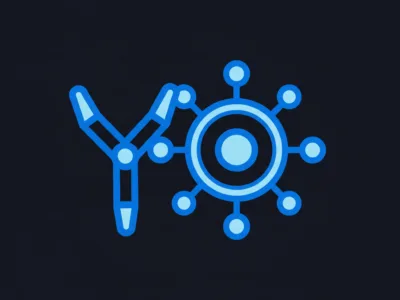 Blue robotic arm connected to a central circular hub with spokes, symbolizing automation on a dark background.