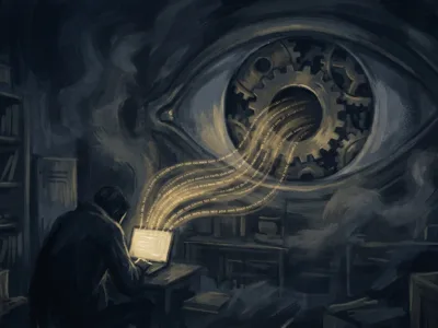 Grok Imagine prywatnosc - Promptowy A person at a lamp-lit laptop in a dark room as glowing lines of code flow into a giant gear-shaped eye.