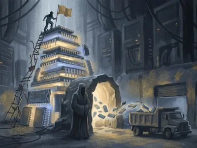 Samsung HBM4 wyscig - Promptowy A hooded figure stands by a glowing doorway in a dark underground cavern as a tall stack of illuminated crates dominates the scene, with trucks nearby.