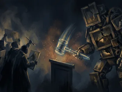 Midjourney w sadzie - Promptowy A colossal steampunk golem built from picture frames and gears raises a glowing gavel toward a podium as a crowd of people in the foreground holds up framed portraits in protest.