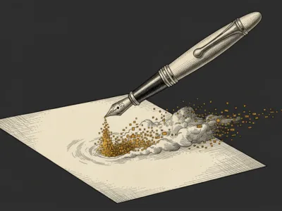 Illustration of a fountain pen writing on a sheet of paper with gold sparkles trailing from the nib] ,