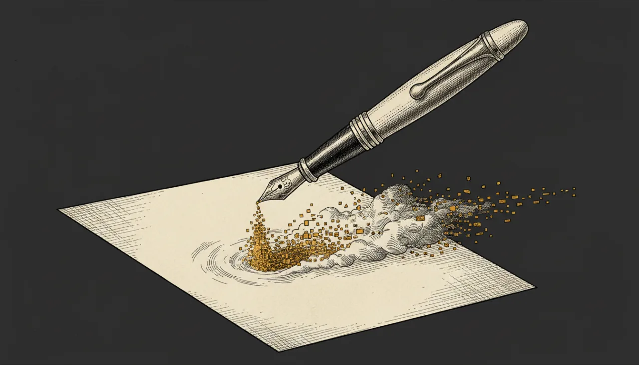 Illustration of a fountain pen writing on a sheet of paper with gold sparkles trailing from the nib] ,