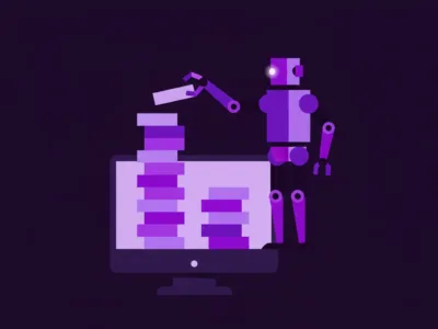 Lokalne modele AI segregowały zgłoszenia w repozytorium za darmo Oto jak to wyszło - Promptowy Purple robot arm builds blocks on a computer monitor, symbolizing automation against a dark background.