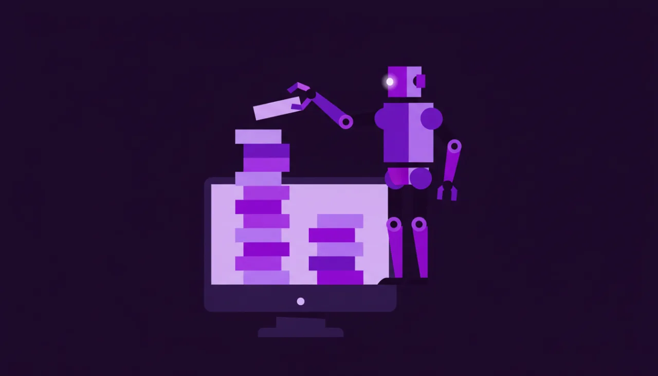 Purple robot arm builds blocks on a computer monitor, symbolizing automation against a dark background.