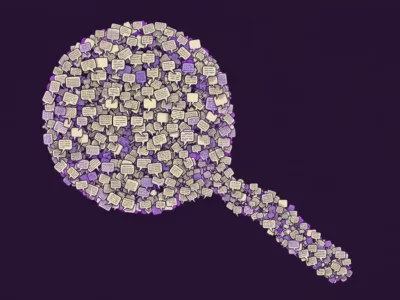 Magnifying glass made of many speech bubbles on a dark purple background, suggesting searching messages.