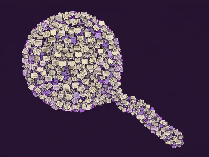 Magnifying glass made of many speech bubbles on a dark purple background, suggesting searching messages.