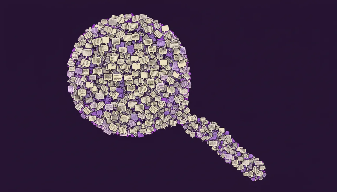 Magnifying glass made of many speech bubbles on a dark purple background, suggesting searching messages.