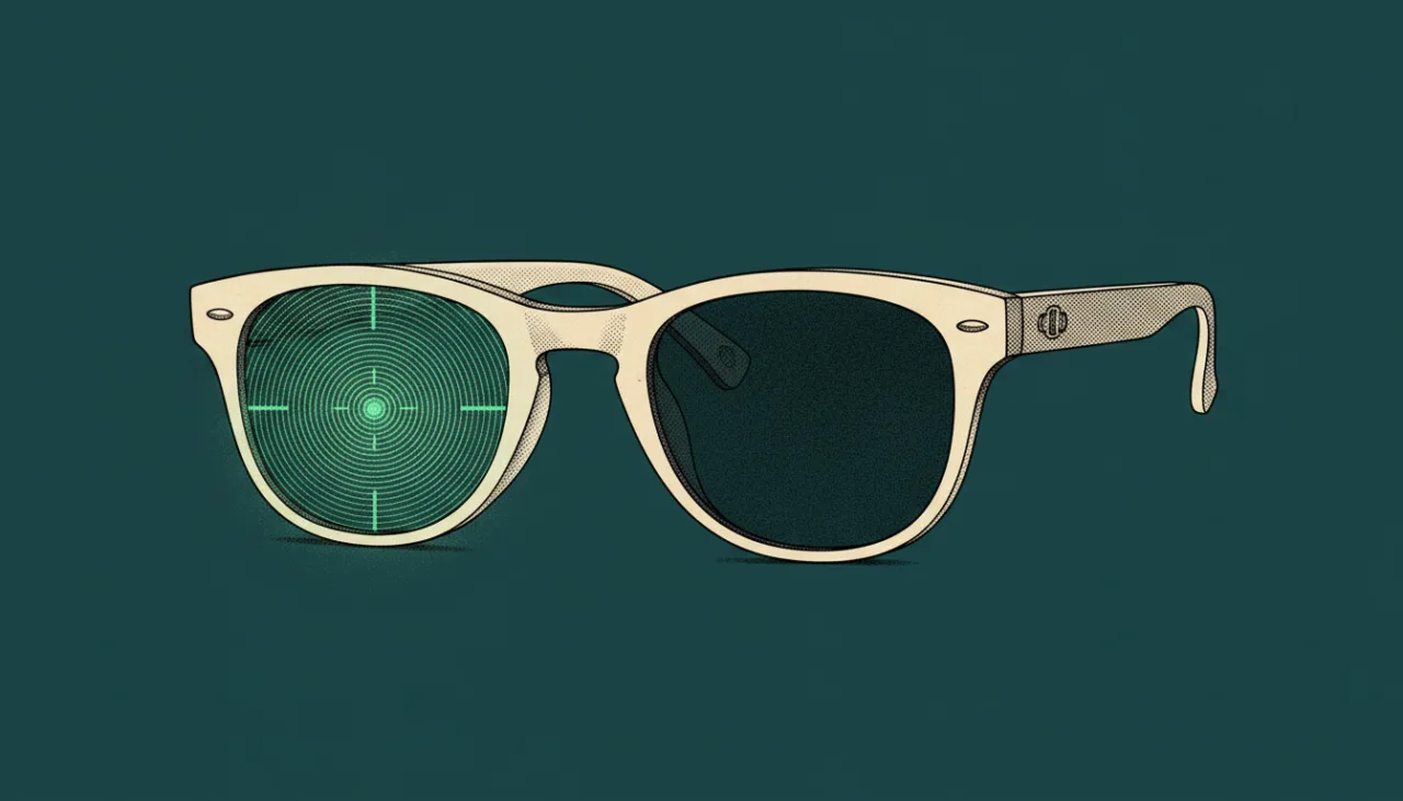 Stylized sunglasses with a green target reticle on the left lens against a dark teal background, right lens shaded