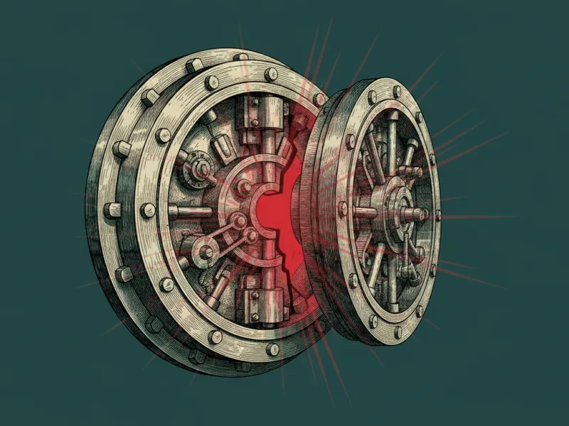 Illustration of a split-open bank vault door revealing a red interior, suggesting broken safe access or breach of security.