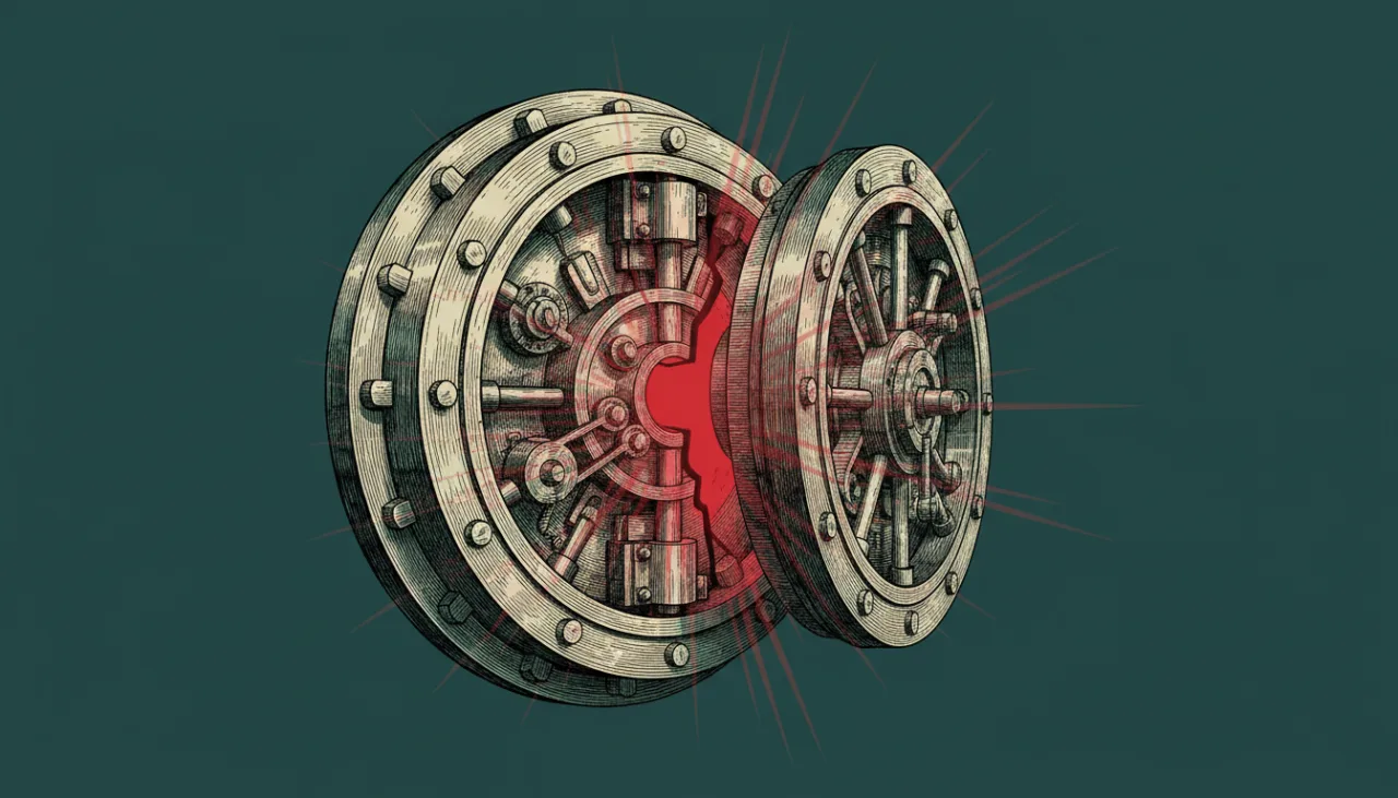 Najpotężniejszy model Anthropic miał być zbyt groźny dla ludzi Mógł trafić do Chin - Promptowy Illustration of a split-open bank vault door revealing a red interior, suggesting broken safe access or breach of security.