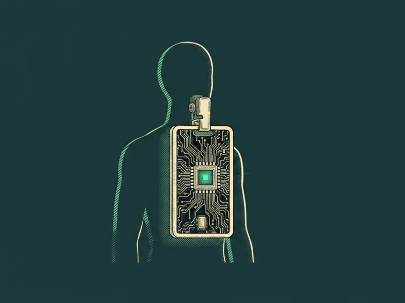 Silhouette of a person with a large rectangular chest implant showing circuitry and a glowing green core, set against a dark background.
