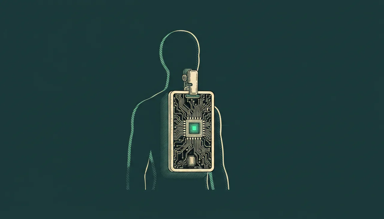 Twój nowy kolega z pracy nie potrzebuje przepustki I to jest problem - Promptowy Silhouette of a person with a large rectangular chest implant showing circuitry and a glowing green core, set against a dark background.