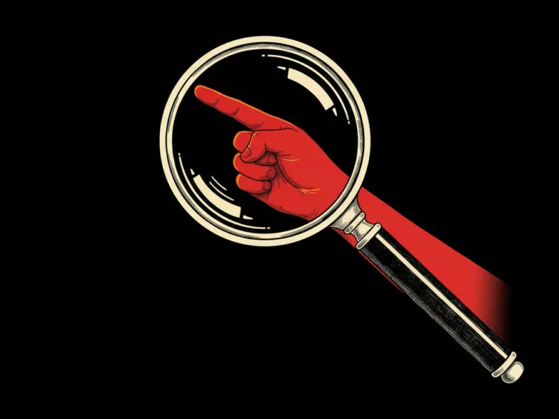 Red hand inside a circular magnifying glass pointing outward against a black background, symbolizing focus or search intent, in vintage style.