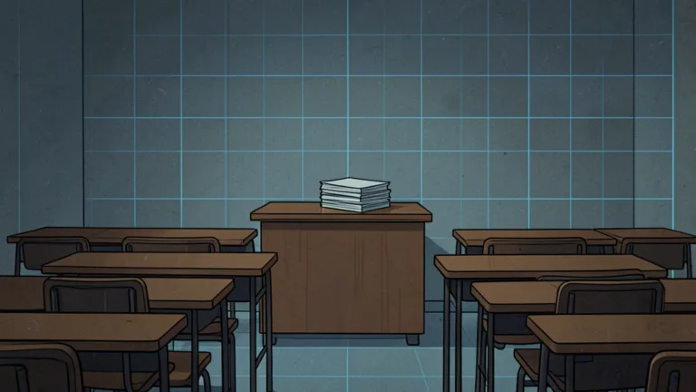 Pusta klasa szkolna z biurkiem nauczyciela, stosem papierów i rzędami ławek.