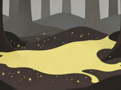 Śluzowiec bez mózgu a jednak się uczy Co to mówi o nas - Promptowy A dark forest with a glowing yellow puddle flowing through the ground, speckled with small glowing orbs.
