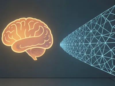 Sztuczna inteligencja nie będzie świadoma Ale to nie znaczy że jest bezpieczna - Promptowy Neon orange brain silhouette facing a blue geometric lattice tunnel in a dark room, symbolizing brain-network connection.