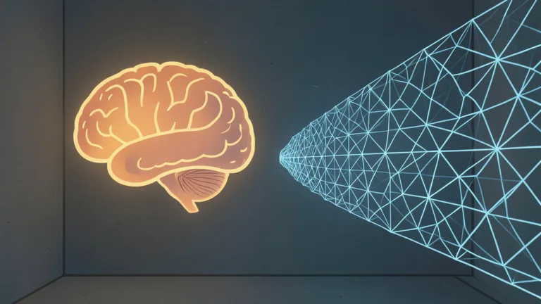 Neonowa sylwetka mózgu naprzeciwko niebieskiego tunelu z siatki geometrycznej.