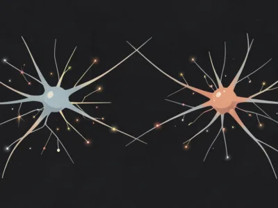 Mózg ma własną centralę telefoniczną Nowe odkrycie wyjaśnia jak nie zapominamy - Promptowy Two colorful neurons facing each other with radiating dendrites and glowing synapses on a dark background, illustrating neural communication.