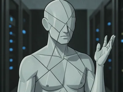 Czy modele AI oszukują nas celowo Nowe dane rzucają światło na mroczną stronę inteligencji maszyn - Promptowy Geometric humanoid figure in a data center with segmented metallic panels across its body, raised hand