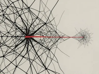 Sztuczna inteligencja uczy się przemocy bez przemocy Nowe badanie ujawnia paradoks - Promptowy Abstract network with a central hub and many black connecting lines; a red connector extends to a smaller web on the right.